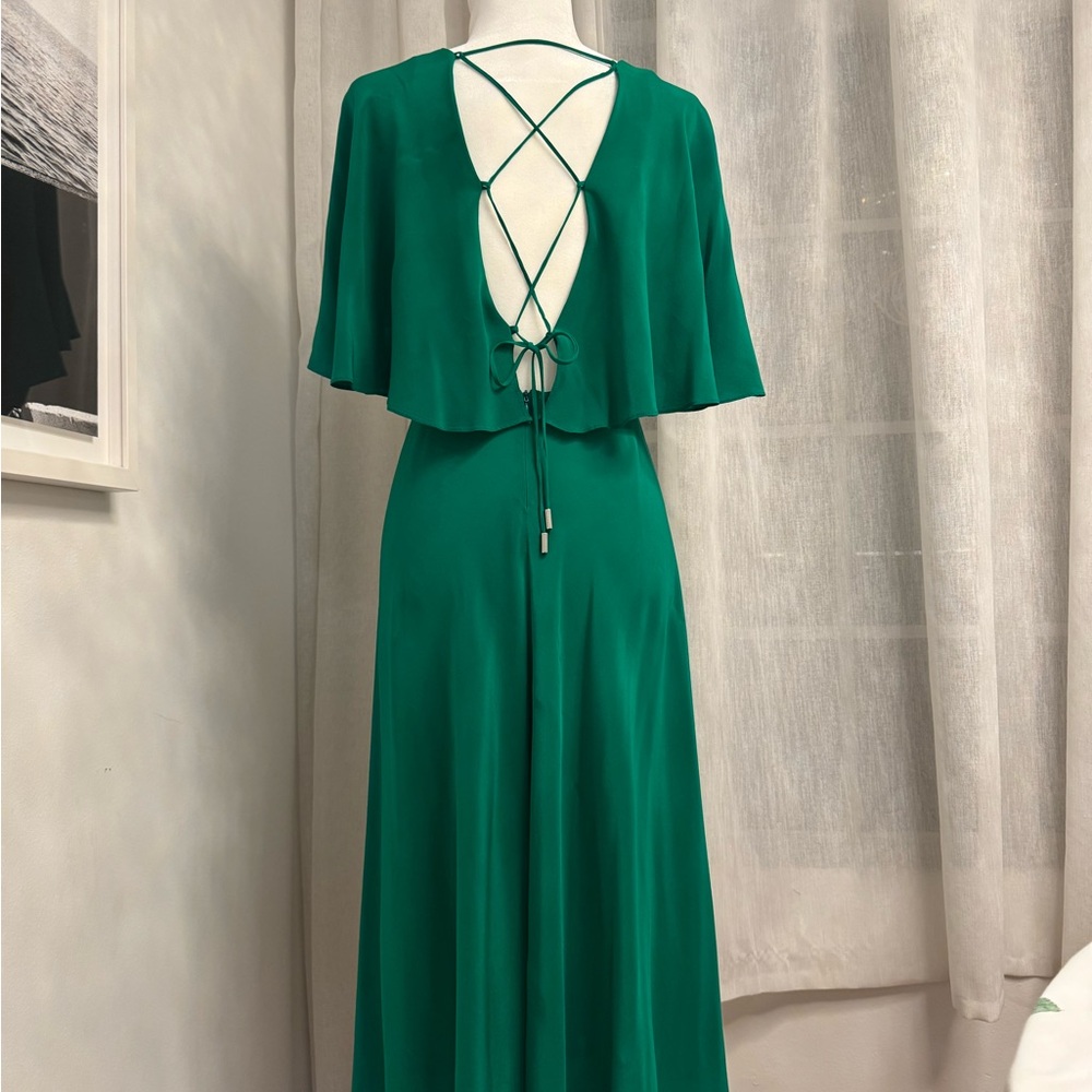 Romantic Allen Schwartz Green Silk Lace Up Backless Dress